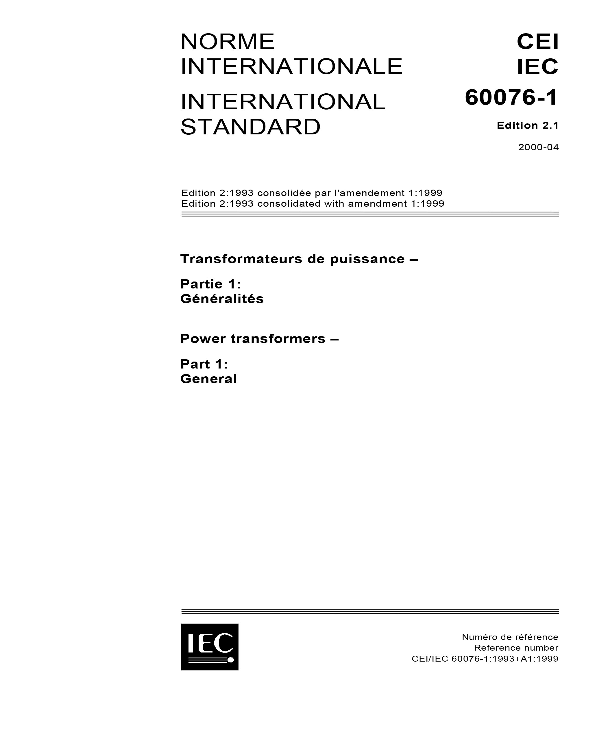 IEC 60076-1 Ed. 2.1 b:2000 - Power transformers - Part 1: General